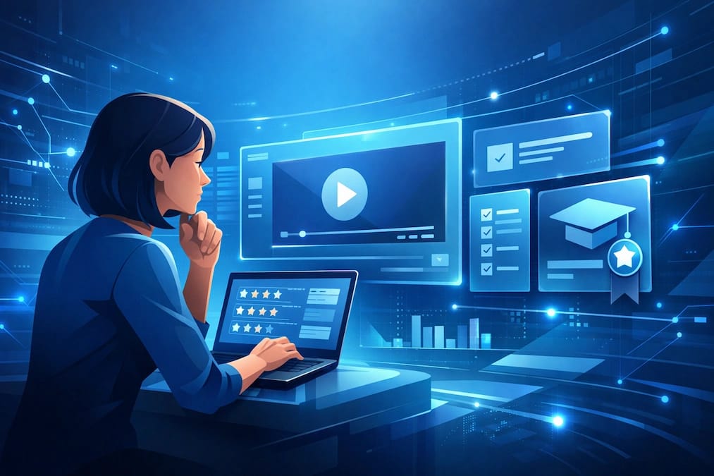 Mujer explorando cursos en línea