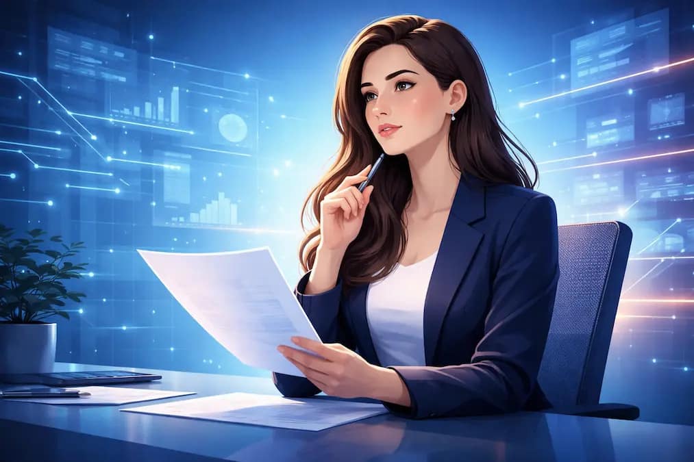 Mujer reflexiva en oficina futurista